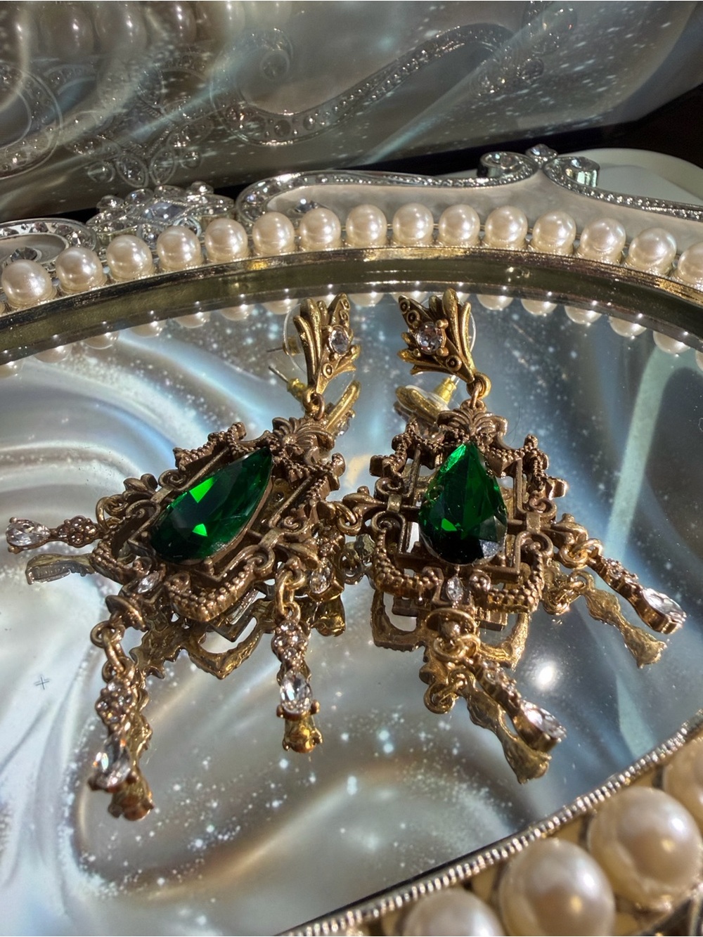 Gold-Tone Dangle Earrings with Deep Emerald Teardrop Stones